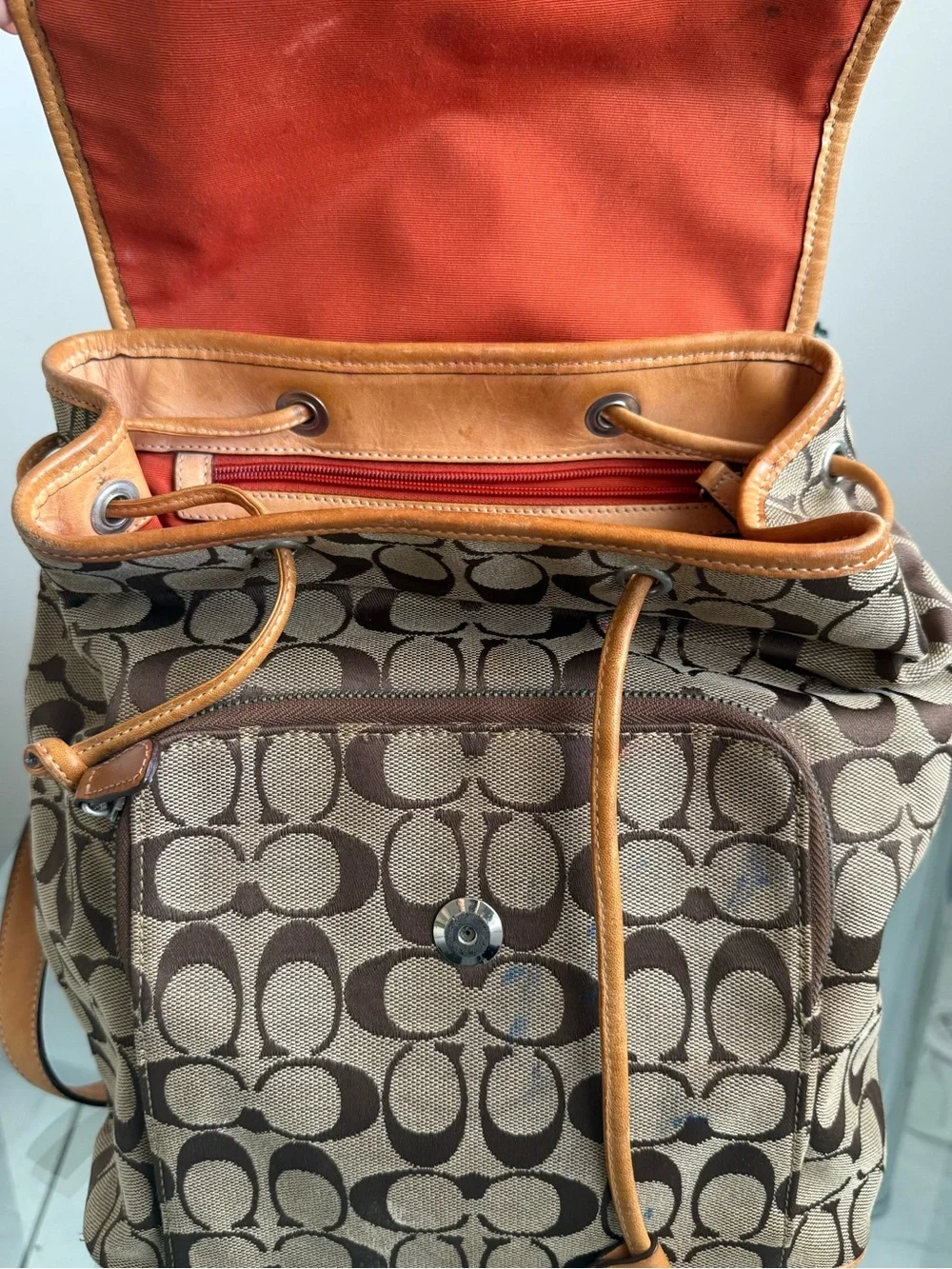 Coach Brown Signature Canvas Backpack with Tan Leather Trim